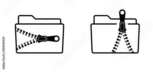 slogan zip file logo. Compression documents. Computer document icon. Reduce file size. Extension name .EXE. Zip fastener with zipper puller. Set of closed and open with fastener. Unzip, closed zip.
