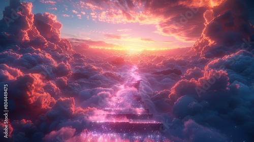 Explore a virtual world where the stairway to heaven stretches across a cloudscape of infinite beauty, its steps aglow with a sparkling light that beckons the soul photo