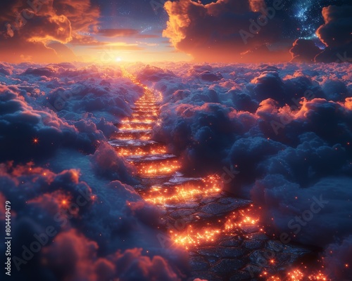 Explore a virtual world where the stairway to heaven stretches across a cloudscape of infinite beaut