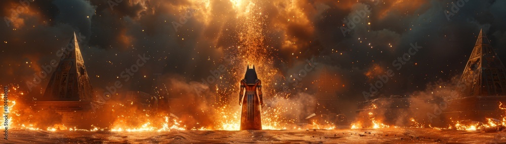 Anubis standing at the gates of the afterlife, flanked by pyramids under a stormy sky background Anubis standing at the gates of the afterlife, flanked by pyramids under a stormy sky background