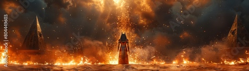 Anubis standing at the gates of the afterlife, flanked by pyramids under a stormy sky, sparks flying, evoking a powerful