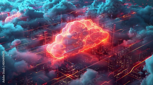 A cloud with neon accents, indicating cloud computing, in an isometric scene photo