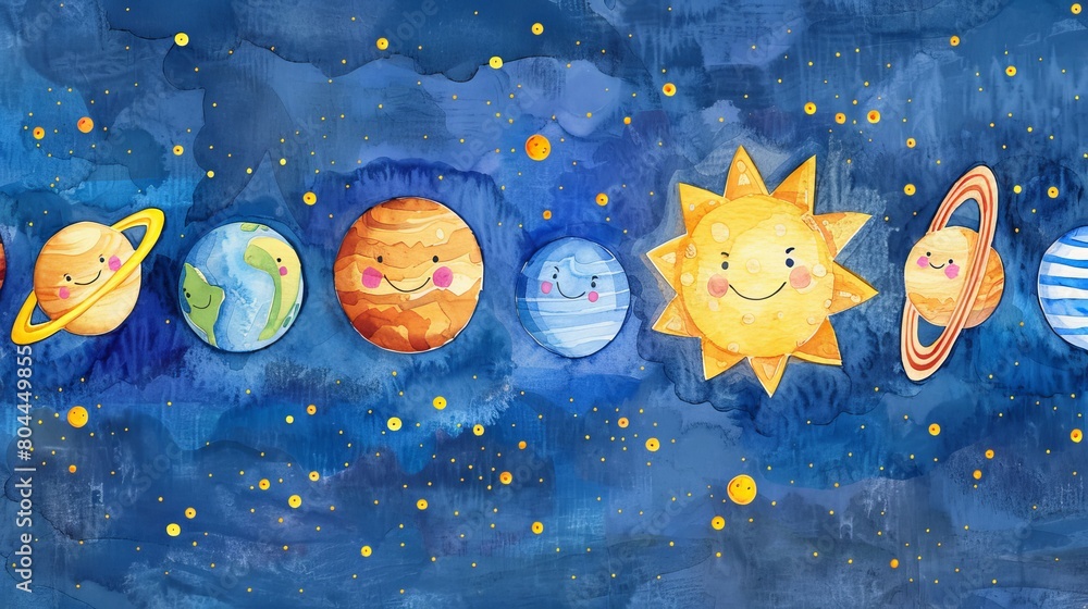 Educational watercolor wall art showing planets lined up in order from ...