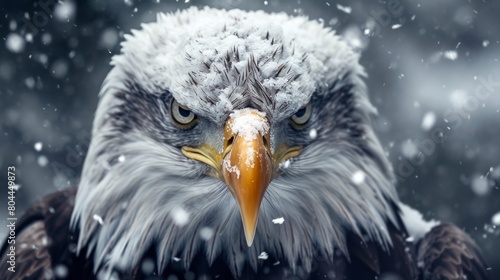 Close-up portrait of a bald eagle in snow in winter. photo