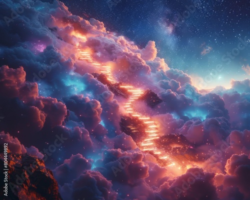 The sight of a stairway to heaven weaving through a digital cloudscape, its steps bathed in a glitter effect