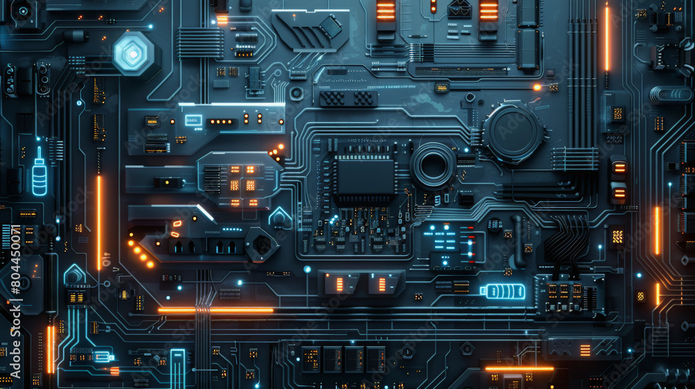 This image displays a close-up view of a complex circuit board with various electronic components, highlighting the intricacy of modern electronic design and technology.