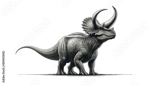 The image shows a realistic rendering of a Triceratops dinosaur photo