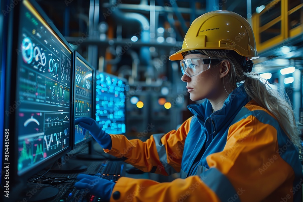 Engineers wearing hard hats reviewing data on monitor, balanced composition, backlighting, Engineers wearing hard hats reviewing data on monitor, balanced composition, backlighting,