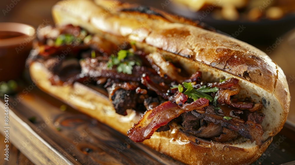 Beef butty is a British sandwich consisting of crispy bacon, butter, and sauce closeup in the wooden tray on the table. Horizontal Beef butty is a British sandwich consisting of crispy bacon, butter, and sauce closeup in the wooden tray on the table. Horizontal