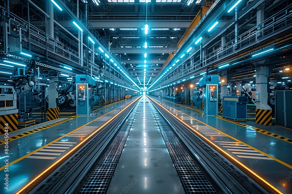 Factory interior, futuristic robotics, soft blue and white lights, wide-angle shot, Factory interior, futuristic robotics, soft blue and white lights, wide-angle shot,
