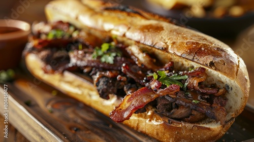 Beef butty is a British sandwich consisting of crispy bacon, butter, and sauce closeup in the wooden tray on the table. Horizontal photo