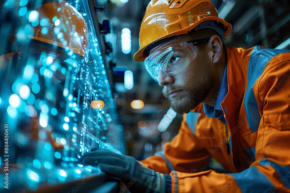 Focused engineers working on an electronics production line, wearing safety gear, high-tech machinery, detailed and realistic Focused engineers working on an electronics production line, wearing safety gear, high-tech machinery, detailed and realistic