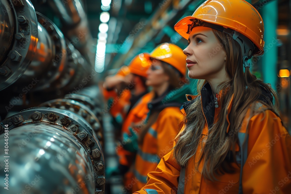 group of diverse engineers in safety gear examining production line machinery, clean industrial environment, medium shot, photo-realistic group of diverse engineers in safety gear examining production line machinery, clean industrial environment, medium shot, photo-realistic