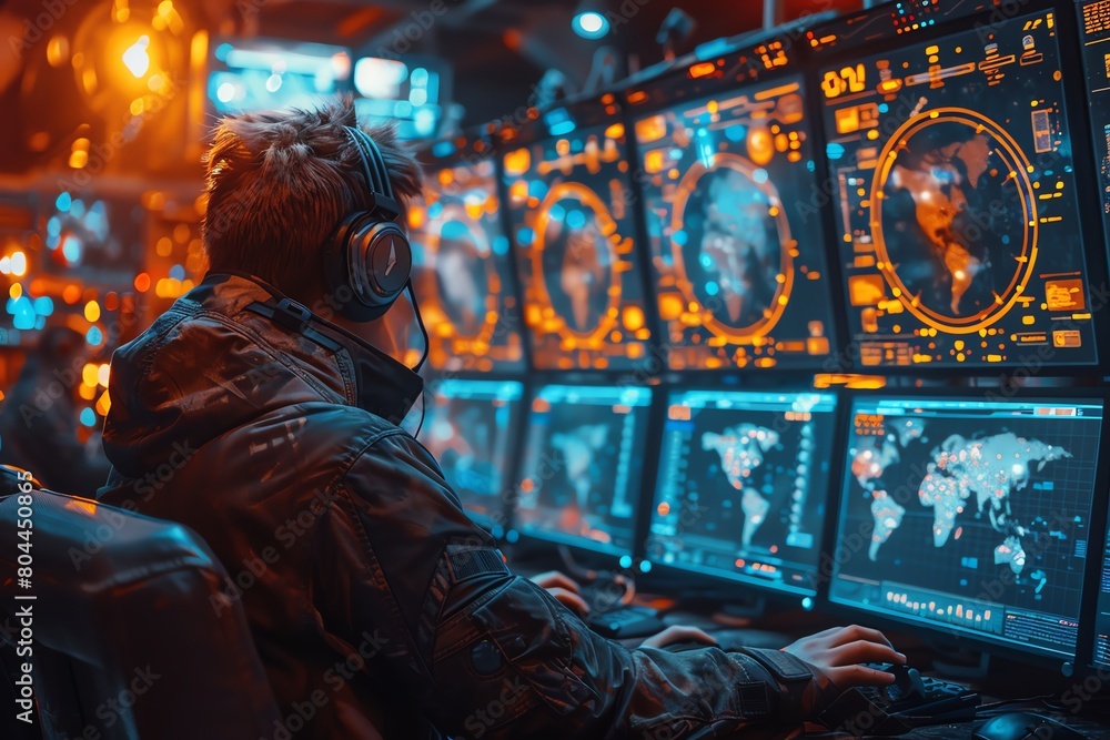 Obraz premium High-tech control room, operators at glowing monitors, dim ambient light, close-up view,