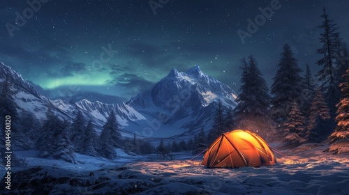 Camping in wild with tent and stunning aurora light at night.
