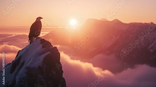 Bald eagle rest at snow mountain top at sunrise. photo