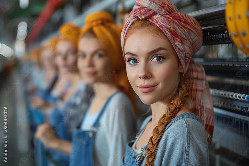 Modern textile factory with innovative weaving machines and sustainable materials, workers using digital interfaces Modern textile factory with innovative weaving machines and sustainable materials, workers using digital interfaces