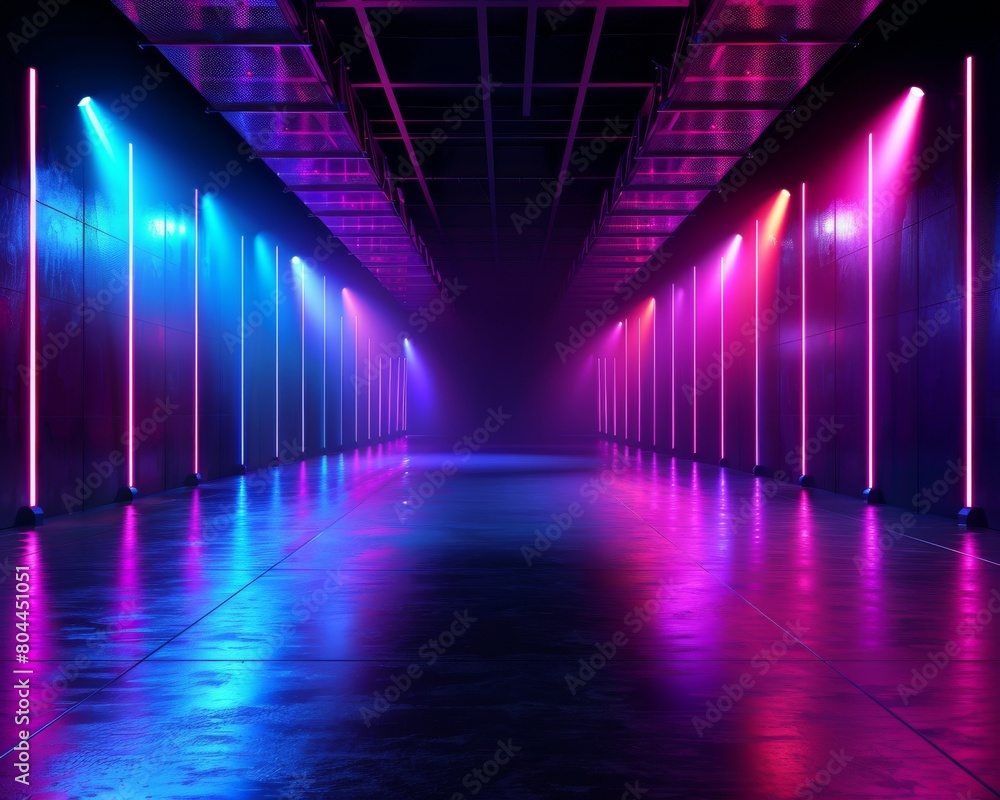 A long, dark hallway with bright pink and blue neon lights reflecting off the floor.