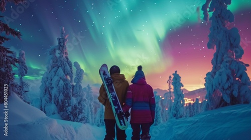 A couple stand in snow field with ski board with beautiful aurora northern lights in night sky in winter. photo