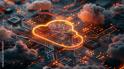 A glowing cloud server on a dark circuit board  creating a futuristic scene