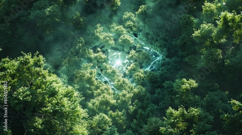 A glowing neon diamond casting light across a dense forest