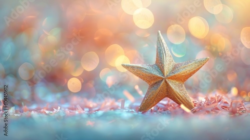 A golden star, shining brightly on a pastel background