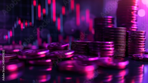 stacks of coins with a stock market graph showing a downward trend, highlighted in shades of purple and black