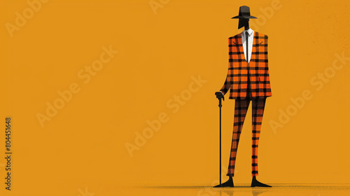 Illustration of A man wearing a suit and a hat is standing in front of a yellow background. He is holding a cane and looking to the left photo