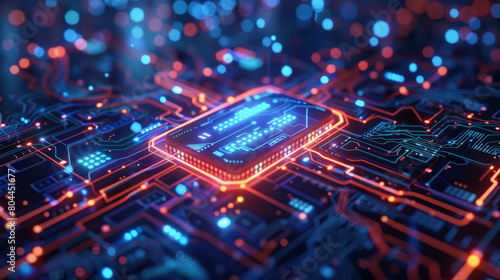 A close-up 3D illustration of an illuminated, intricate microchip circuit board, highlighting the complexity and technology involved in modern computing hardware.