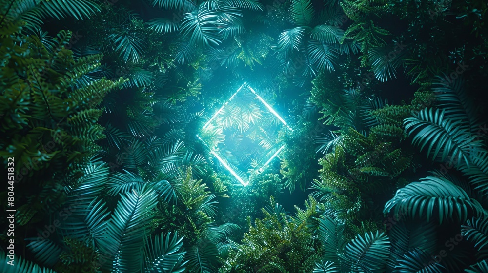 A luminous neon diamond shining brightly in the middle of a dense forest