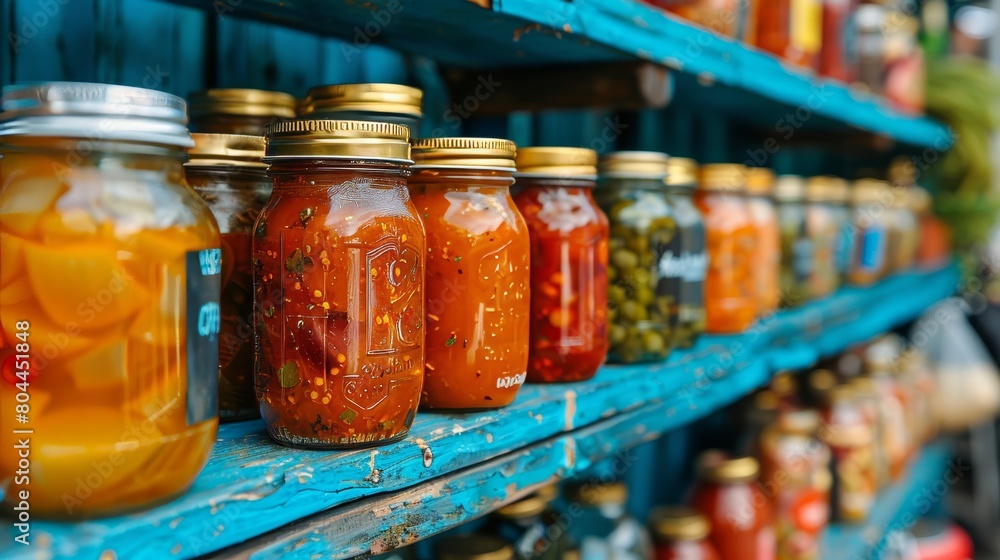Diverse selection of assorted preserved foods showcased in a lovely rustic home pantry Diverse selection of assorted preserved foods showcased in a lovely rustic home pantry