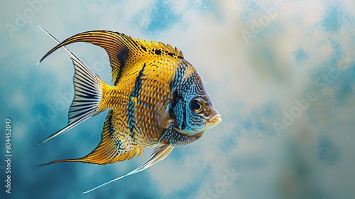 Minimalist watercolor of an angelfish in a peaceful pose, its elegant fins and striking patterns making it a focal point against a soft blue background photo