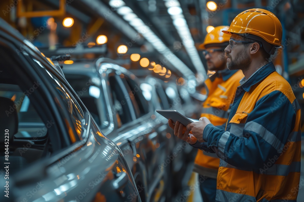 Team of engineers with tablets discussing in car assembly plant, dynamic angle, harsh overhead light, Team of engineers with tablets discussing in car assembly plant, dynamic angle, harsh overhead light,