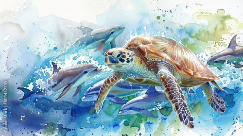 Playful watercolor illustration of a sea turtle racing with dolphins, the joyful energy of the scene bringing a smile to any child's face © Alpha