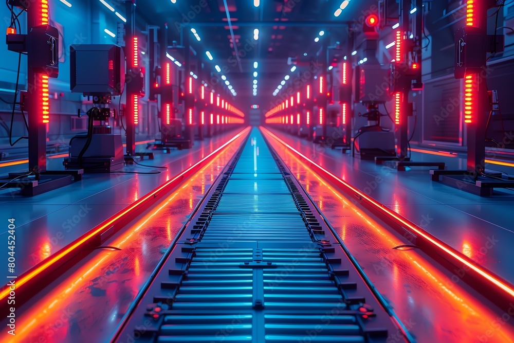 Wide-angle view of a futuristic robotics manufacturing floor, bright lighting, vivid colors, Wide-angle view of a futuristic robotics manufacturing floor, bright lighting, vivid colors,