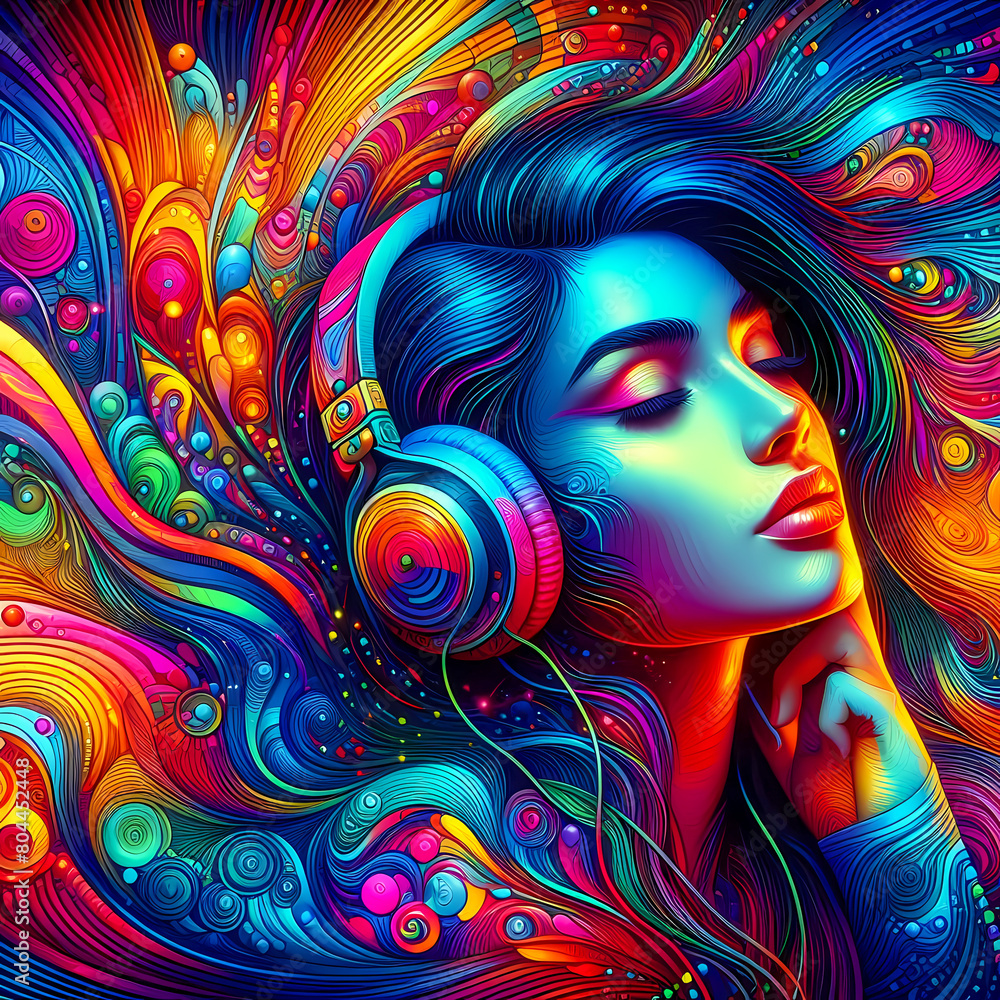 Digital art vibrant colorful psychedelic beautiful woman with headphones vibin to music