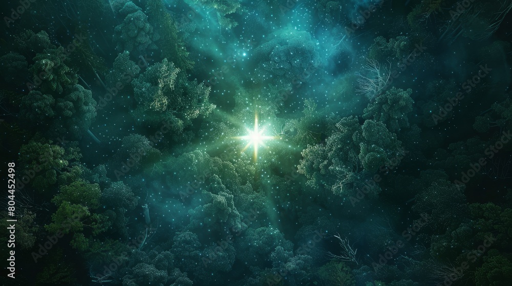 glowing neon star shining brightly amidst a dense forest of green and blue