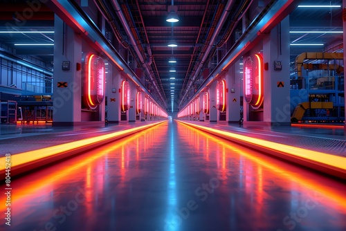 Wide-angle view of a futuristic robotics manufacturing floor, bright lighting, vivid colors,