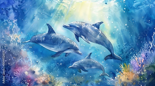 Gentle watercolor of a family of dolphins swimming underwater, surrounded by soft coral and shimmering light filtering through the sea