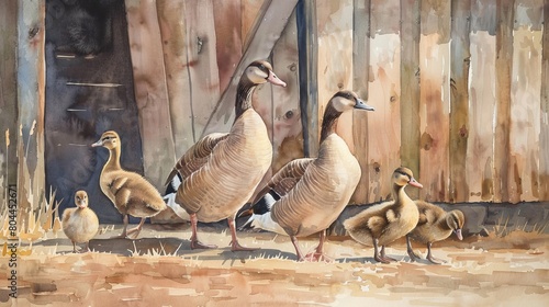 Gentle watercolor of a family of ducks waddling past a barn, their soft feathers painted in pastel tones against the rustic setting photo