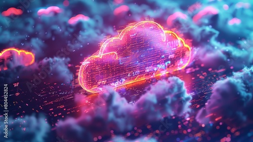 A neon-colored cloud, shaped like a computing icon, hovering in an isometric space