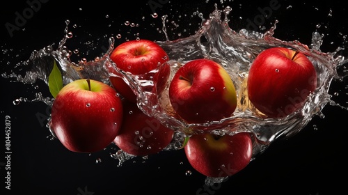 A bunch of apples are falling into a water splash.