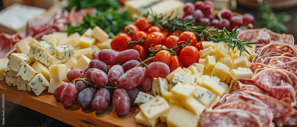 Catering platter with an assortment of cheeses, grapes, and cherry tomatoes Catering platter with an assortment of cheeses, grapes, and cherry tomatoes