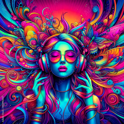 Digital art vibrant colorful psychedelic beautiful woman with headphones vibin to music