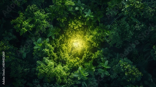 A radiant neon diamond emitting a gentle glow in the center of a thick forest
