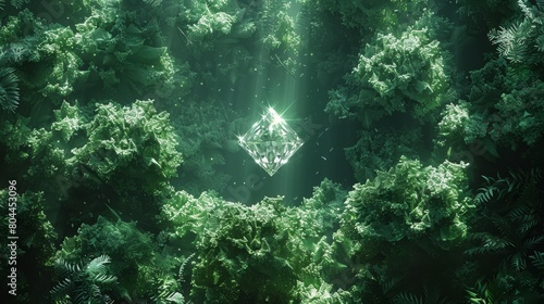 neon diamond glowing amidst a lush forest of forest and pinec
