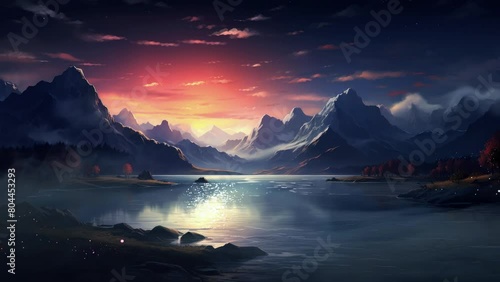 night landscape with mountain, lake, and fireflies seamless looping footage
