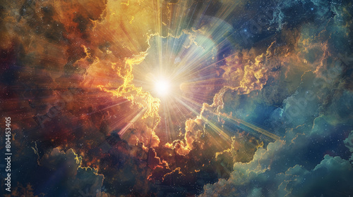 A visionary depiction of Revelation 21-22, showing a radiant new heaven and a new earth emerging from the celestial realm, with divine light cleansing and renewing the cosmos. 