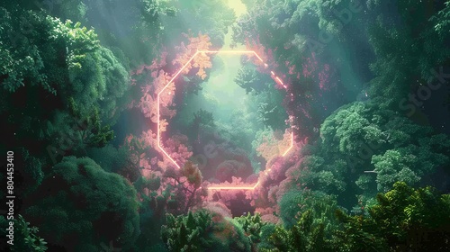 neon hexagon radiating light in a dense forest of green and pink