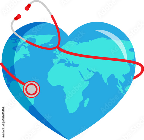 Vector illustration of stethoscope wrapped on heart shape globe on transparent background